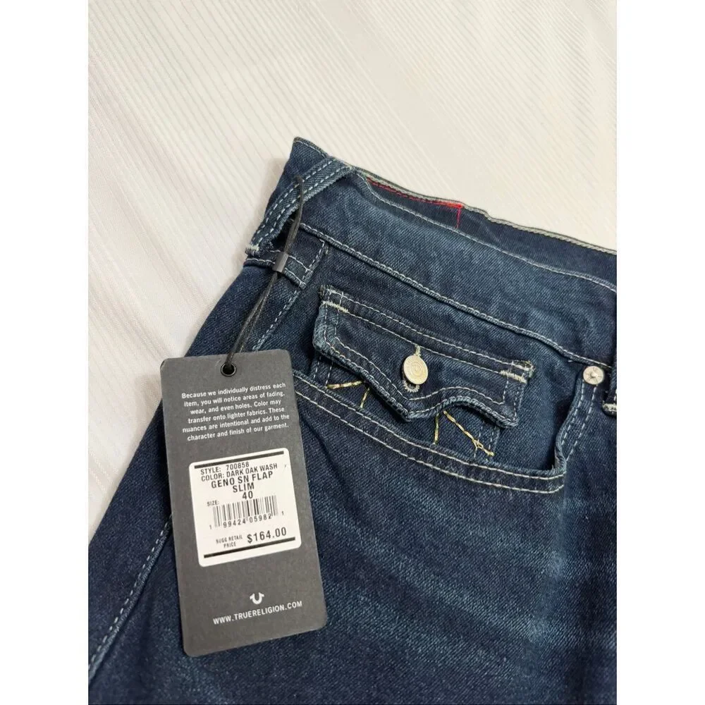 NWT True Religion Geno Relaxed Slim Dark Oak Wash Denim Jeans Size 40 X 32 New